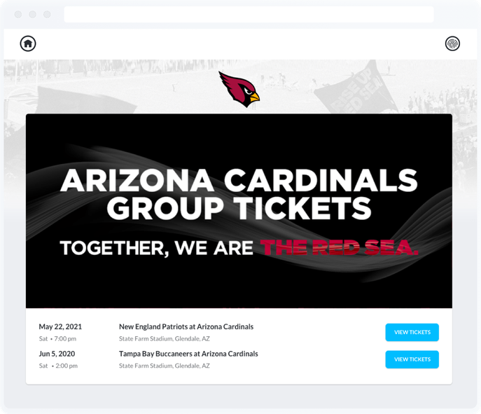 Web browser showing an interface to purchase Arizona Cardinals tickets