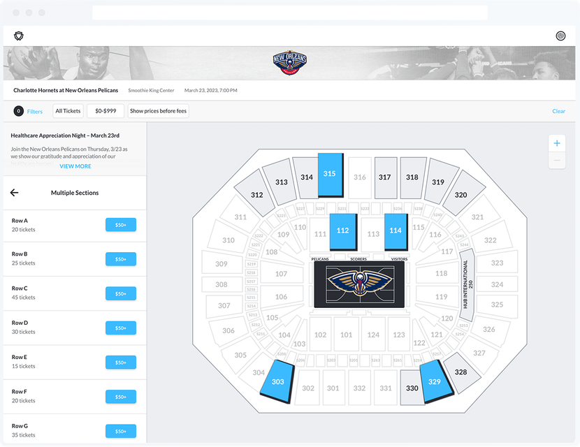Example of the seating and tickets for a New Orleans Pelicans home game